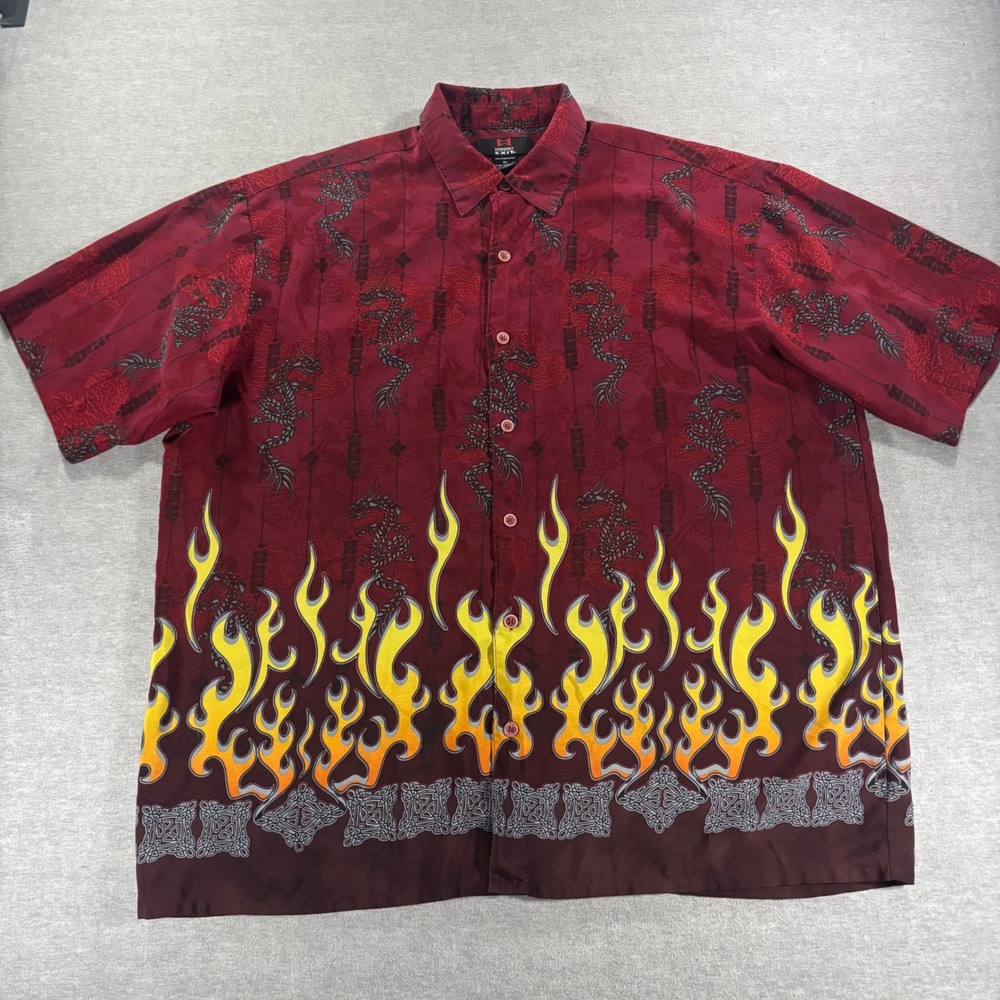 Emergency Exit Mens XL Dragon Flame Shirt Burgundy Y2K Short Sleeve Button Up